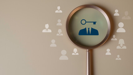 HRM human resource management concept with magnifying glass focusing on business person icon and key symbol, representing recruitment strategy, employee selection, talent management.