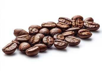 Obraz premium Pile of Roasted Brown Coffee Beans on White Background with Intricate Texture and Pattern