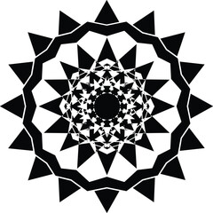 Intricate Black and White Geometric Mandala with Symmetrical Star Patterns and Fractal Design on White Background