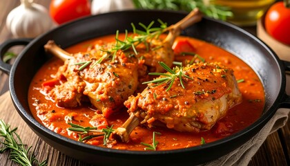Two roasted rabbit legs in a rich tomato sauce, resting in a cast iron skillet. Fresh rosemary sprigs adorn the dish