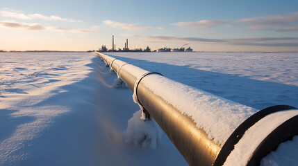 Snowy Pipeline: A long pipeline stretches across a vast, snow-covered landscape, leading towards a distant industrial facility under a bright sky.