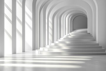 Bright White Arched Hallway with Staircase and Sunlit Concrete Floor