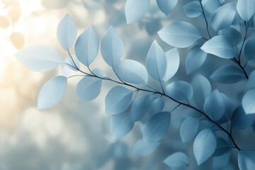 Close Up of Silver Blue Leaves on Branch with Ethereal Golden Light Background