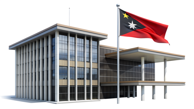 Modern government building with east timor flag isolated on transparent background, symbolizing governance, national identity, and architectural design