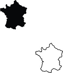 Geographic representation featuring a black silhouette and detailed outline of France on white background