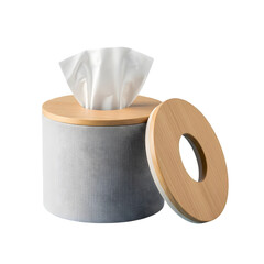 Elegant modern tissue box holder with natural bamboo lid and textured grey fabric cylinder, adding a touch of sophistication to any room.