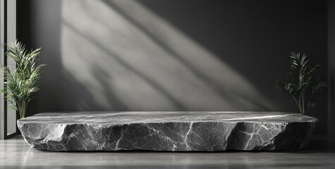 Granite Stone Product Display Platform with Foliage and Soft Studio Lighting Against a Dark Gray Background