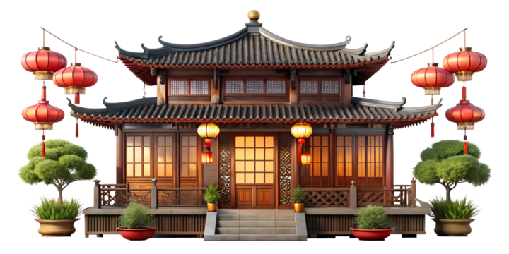 A beautiful traditional chinese house with red lanterns isolated on transparent background, showcasing architectural details and cultural significance