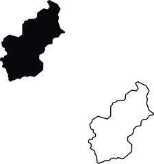 Solid black map and outline drawing of a distinct geographic region on a clear white backdrop