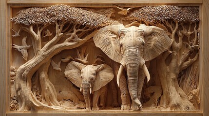 Intricate wooden carving features a majestic elephant pair with detailed tree and bird elements