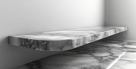 Monochrome Marble Shelf Against Textured Wall with Geometric Floor Design