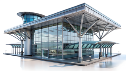 Modern airport terminal building with glass facade and steel structure, isolated on transparent background, showcasing architectural design