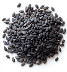 Pile of Black Seeds on a Clean White Background with Soft Overhead Lighting