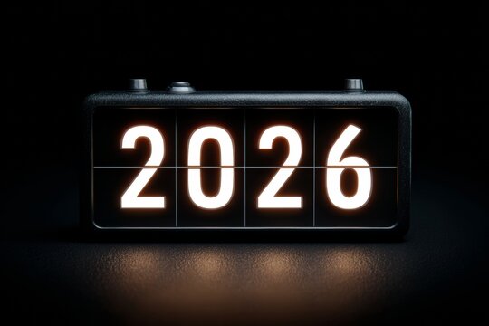 The digital clock shows the year 2026 in bright white numbers on a black background. The design emphasizes the concept of time passing and future moments ahead