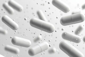 Scattered White Capsules on Bright Background in Studio with Bokeh Effect