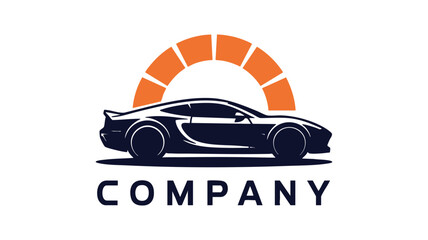 Sleek dark sports car silhouette under a vibrant orange sunburst logo design