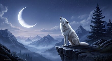 Majestic Wolf Howling at Crescent Moon Over Misty Mountains