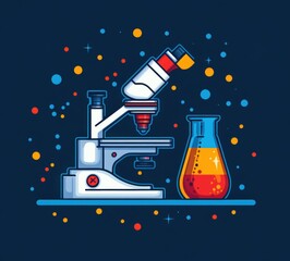 Vivid Microscope And Beaker Illustration Against A Dark Blue Background With Colorful Particle Accents