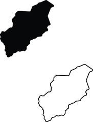 Geographical map featuring a solid black silhouette and corresponding outline of an elongated territorial division