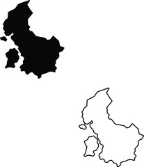 Fototapeta premium Long and narrow geographical region illustrated with a solid black silhouette and a matching outline on a pure white background