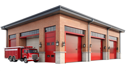 Fire station with a red fire truck isolated on transparent background a modern fire station with a brick facade and three large garage doors
