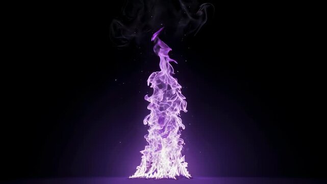 Vivid purple fire rises against a black background with smoky tendrils and small embers
