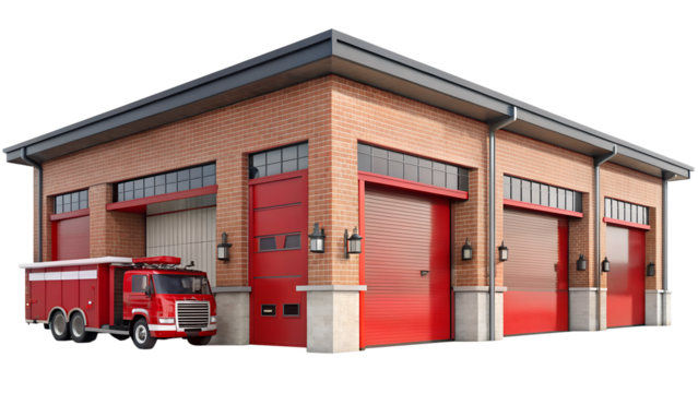 Fire station with a red fire truck isolated on transparent background a modern fire station with a brick facade and three large garage doors