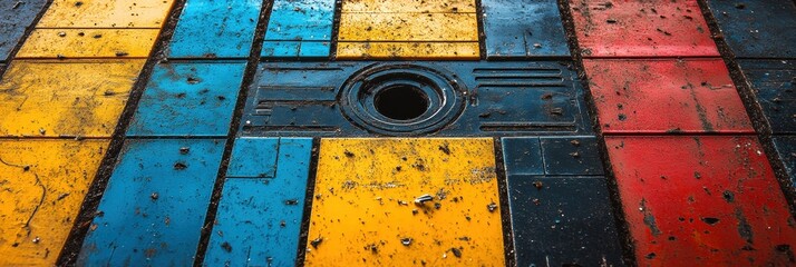 Abstract Tiles Background with Yellow Blue and Red Hues with Industrial Black Circular Accent and Textured Surface