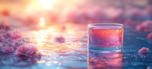 Close Up of Glass with Pink Liquid and White Specks on Reflective Surface in Dreamy Pastel Scenery