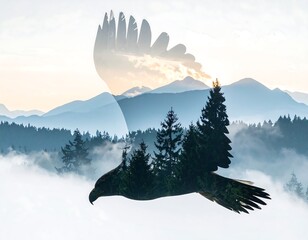 A soaring bird silhouette merges with a mountain and forest landscape
