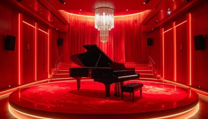 A sophisticated red stage for a jazz club, with a grand piano and smooth, ambient lighting.