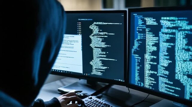 Coding in the dark, hacker at work on dual screens