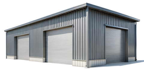 A modern metal building with three rollup doors isolated on transparent background, providing secure storage and industrial space for various purposes