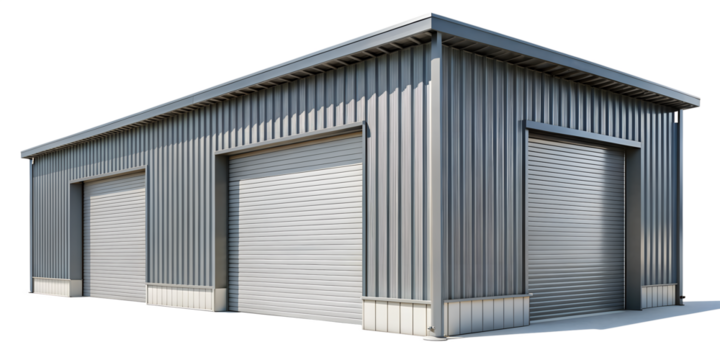 A modern metal building with three rollup doors isolated on transparent background, providing secure storage and industrial space for various purposes