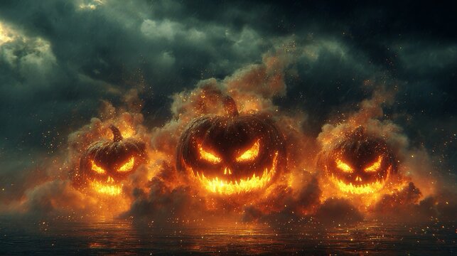 Un'immagine digitale evocativa presenta tre zucche di Halloween intagliate con espressioni minacciose, immerse in fiamme e circondate da fumo scuro, su uno sfondo di un cielo tempestoso.