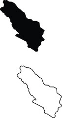 Distinct black silhouette and accompanying outline map of an elongated geographical region on a pristine white surface