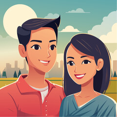 Smiling couple portrait with city skyline background