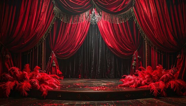 A vintage burlesque stage in shades of deep red and black, with feathered curtains and sparkling fringe.