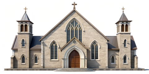 Classic church architecture isolated on transparent background stone facade with intricate details, evoking a sense of history, faith, and timeless beauty