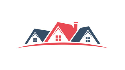 Distinctive real estate logo featuring three houses with red and blue roofs