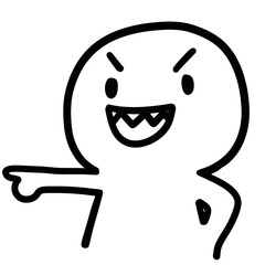 Hand-drawn cartoon character pointing forward with a confident and cheerful expression. Simple black line art on a white background, symbolizing leadership, motivation, or direction. 