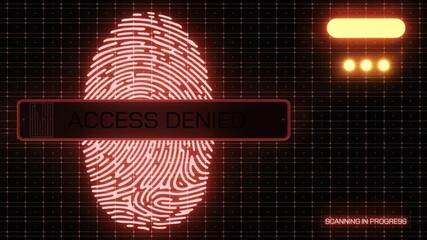 Digital Access Denied: A high-tech digital interface displays a bright fingerprint image marked with the words ACCESS DENIED, conveying a sense of security and modern technology. - Powered by Adobe