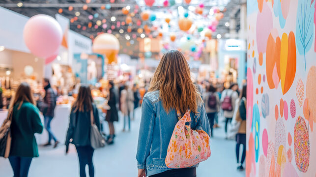 Shopper's perspective: woman in denim jacket walks through festive indoor market, featuring colorful balloons, abstract wall art, and bustling crowd