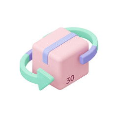 Isometric 3D Pastel Parcel Box with Curved Arrow in Toy-Like Rounded Style Representing Return Request Symbol