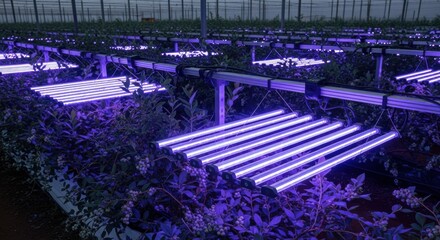 Experimental setup with UV light arrays targeting pest presence on blueberry plants captured in medium shot to emphasize innovative agricultural technology.
