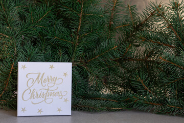 White Christmas gift box with golden lettering and pine branches