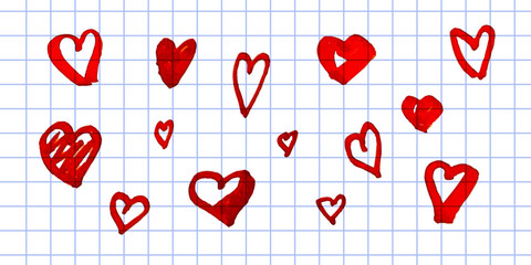 Vector illustration of red marker hearts on checkered notebook paper. Hand drawn doodle love symbols, school sketch hearts, romantic drawing on squared background