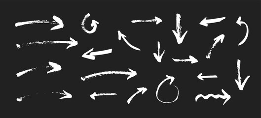 Vector set of hand drawn arrows. Curved, straight, looped and directional symbols. Marker sketch for infographic, navigation or comic design. Grunge crayon arrow collection