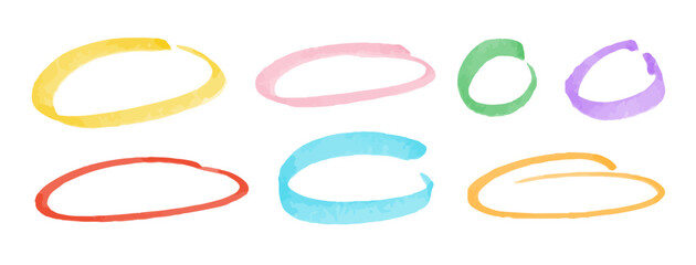 Vector set of colorful marker ovals and circles on white background. Hand drawn doodles, highlight loops, and round sketch frames.  Kids art. Creative design elements