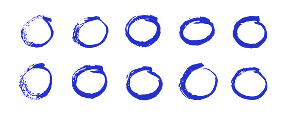 Vector set of blue circle doodles. Hand drawn round marker shapes, scribble brush rings, sketch ink circles on white background. Simple texture for design highlights
